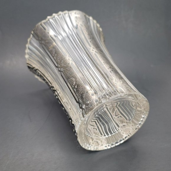 Silver Accented Fluted Glass Vase Vintage Hollywood Deco Style PR311 - Picture 5 of 13